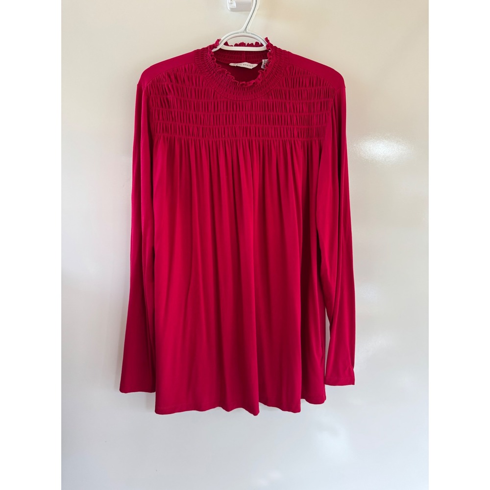 Susan Graver Liquid Knit Smocked Mock Neck Top Magenta Pink Long Sleeve Large